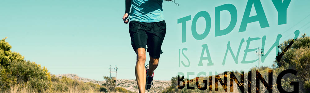 Body of a fit man running outside along a back road, with "today is a new beginning" written on the right side